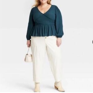 Knox Rose Women's Long Sleeve Embroidered Blouse -Teal Blue, Size XXL, NWT